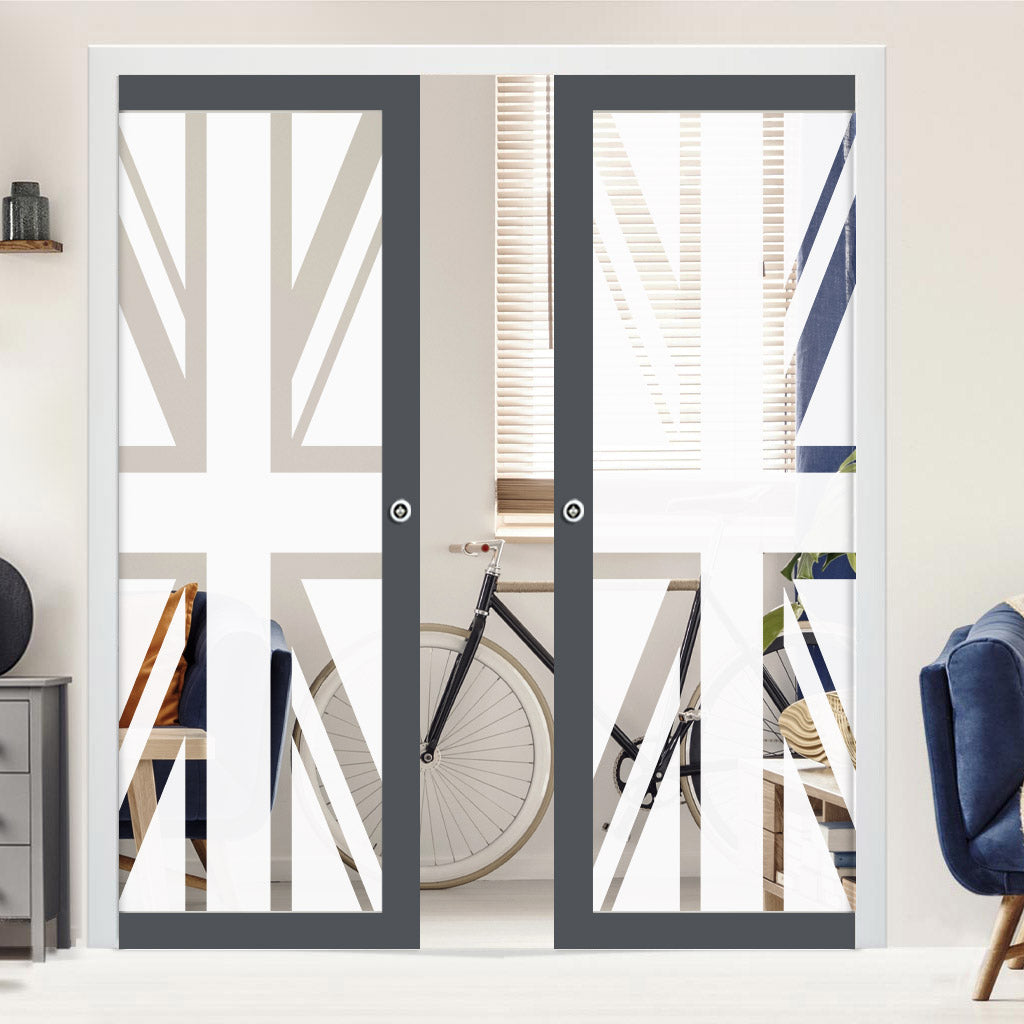 a set of Ermetika EvoKit Single Pocket Doors featuring a Union Jack flag design on the glass panels