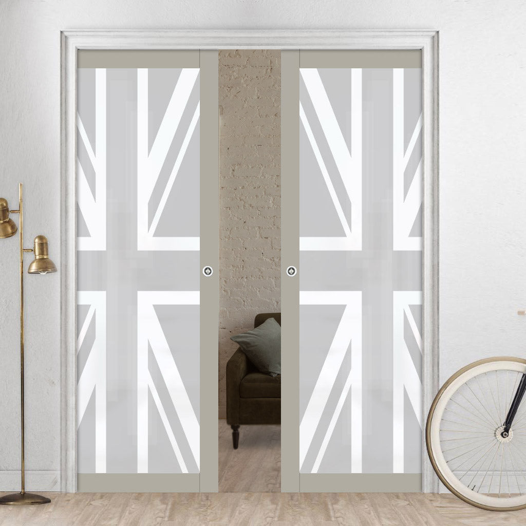 Eco-Urban Artisan Double Evokit Pocket Door - Union Jack Flag 6mm Obscure Glass - Obscure Printed Design - Colour & Size Options
