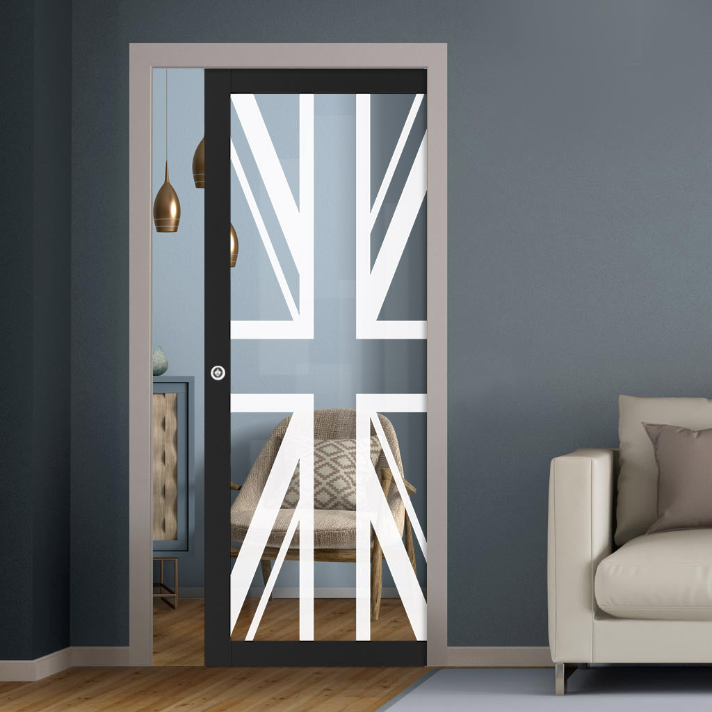 Eco-Urban Artisan® Single Evokit Pocket Door - Union Jack Flag 6mm Clear Glass - Obscure Printed Design - Colour & Size Options