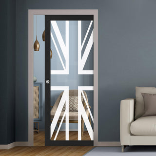 Image: Eco-Urban Artisan Single Evokit Pocket Door - Union Jack Flag 6mm Clear Glass - Obscure Printed Design - Colour & Size Options