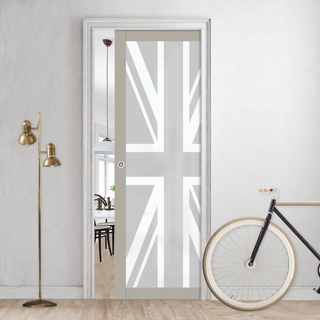 Eco-Urban Artisan® Single Evokit Pocket Door - Union Jack Flag 6mm Obscure Glass - Obscure Printed Design - Colour & Size Options