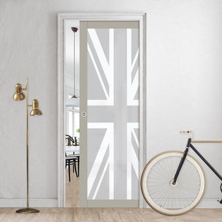 Image: Eco-Urban Artisan® Single Evokit Pocket Door - Union Jack Flag 6mm Obscure Glass - Obscure Printed Design - Colour & Size Options