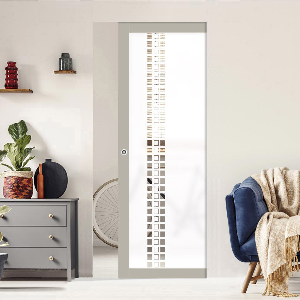 Eco-Urban Artisan Single Absolute Evokit Pocket Door - Winton 6mm Obscure Glass - Clear Printed Design - Colour & Size Options