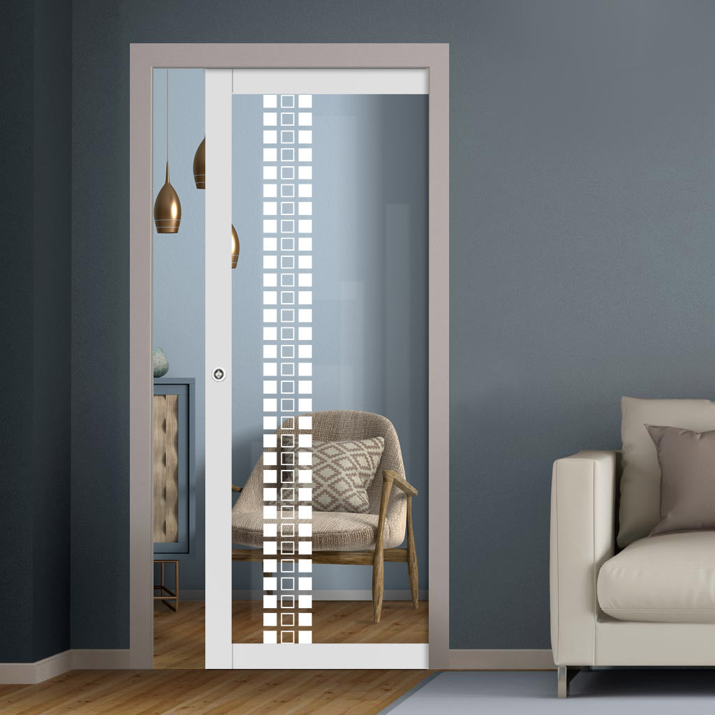 Eco-Urban Artisan® Single Evokit Pocket Door - Winton 6mm Clear Glass - Obscure Printed Design - Colour & Size Options