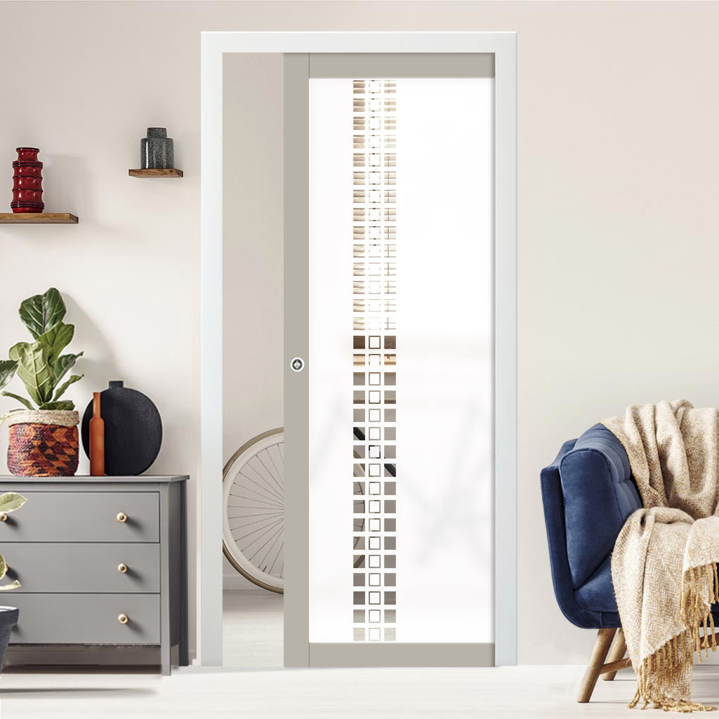 Eco-Urban Artisan® Single Evokit Pocket Door - Winton 6mm Obscure Glass - Clear Printed Design - Colour & Size Options