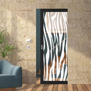 Image: Eco-Urban Artisan® Single Absolute Evokit Pocket Door - Zebra Animal Print 6mm Clear Glass - Obscure Printed Design - Colour & Size Options