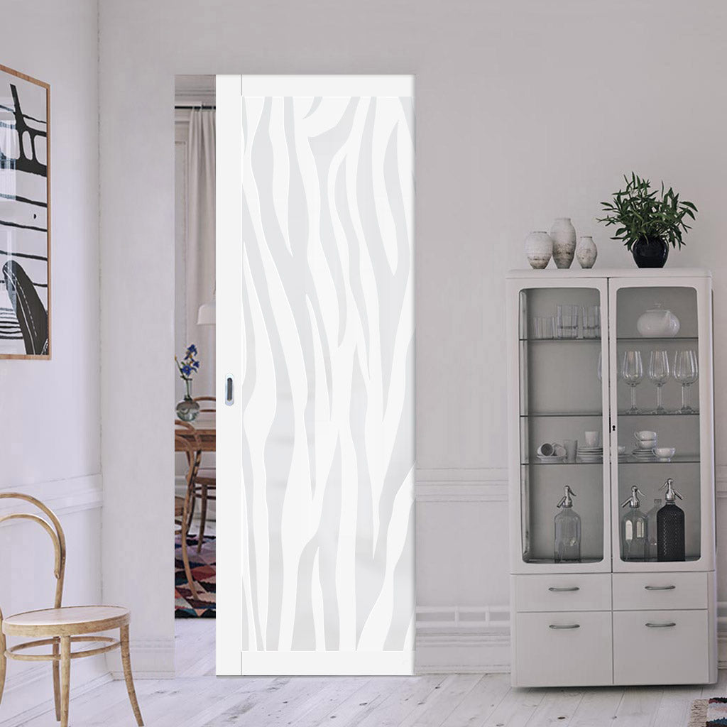 Eco-Urban Artisan® Single Absolute Evokit Pocket Door - Zebra Animal Print 6mm Obscure Glass - Obscure Printed Design - Colour & Size Options