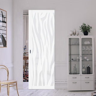 Image: Eco-Urban Artisan® Single Absolute Evokit Pocket Door - Zebra Animal Print 6mm Obscure Glass - Obscure Printed Design - Colour & Size Options