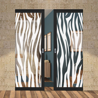 Image: Eco-Urban Artisan® Double Absolute Evokit Pocket Door - Zebra Animal Print 6mm Clear Glass - Obscure Printed Design - Colour & Size Options