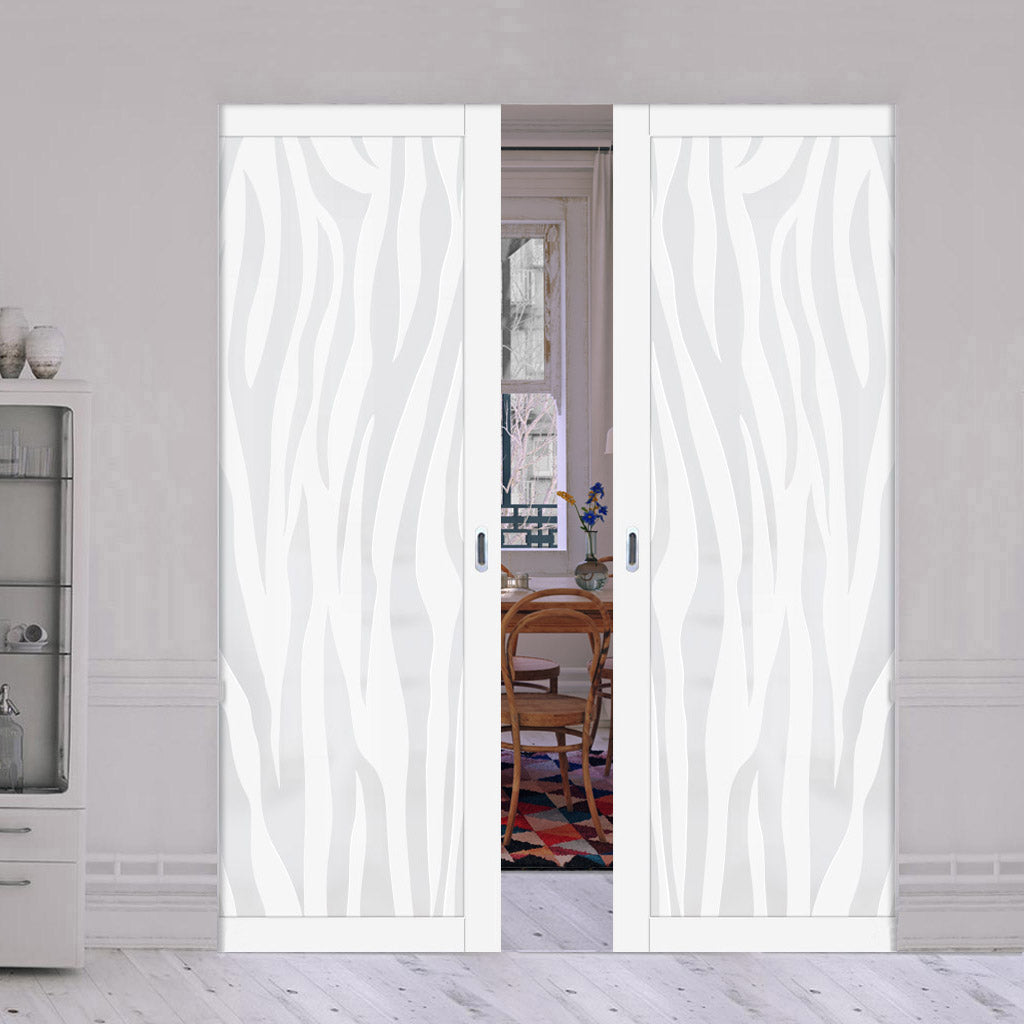 Eco-Urban Artisan® Double Absolute Evokit Pocket Door - Zebra Animal Print 6mm Obscure Glass - Obscure Printed Design - Colour & Size Options