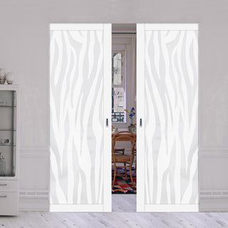 Image: Eco-Urban Artisan® Double Absolute Evokit Pocket Door - Zebra Animal Print 6mm Obscure Glass - Obscure Printed Design - Colour & Size Options