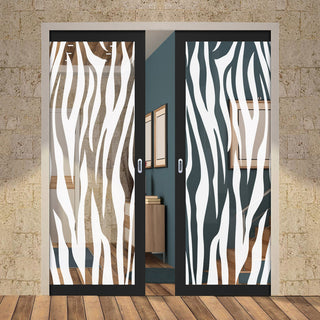 Image: Eco-Urban Artisan® Double Evokit Pocket Door - Zebra Animal Print 6mm Clear Glass - Obscure Printed Design - Colour & Size Options
