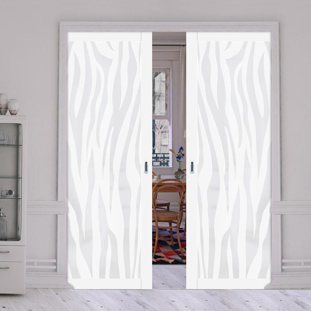 Eco-Urban Artisan® Double Evokit Pocket Door - Zebra Animal Print 6mm Obscure Glass - Obscure Printed Design - Colour & Size Options