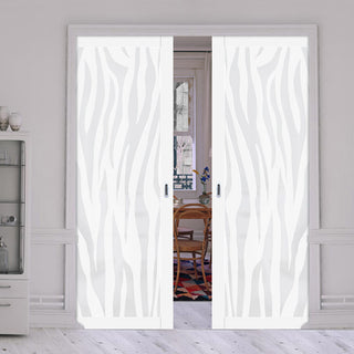 Image: Eco-Urban Artisan® Double Evokit Pocket Door - Zebra Animal Print 6mm Obscure Glass - Obscure Printed Design - Colour & Size Options