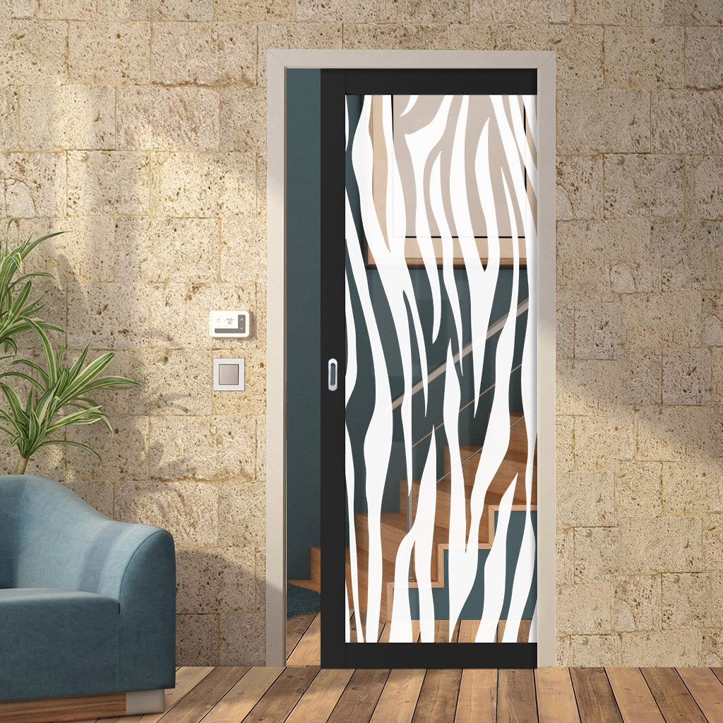 Eco-Urban Artisan® Single Evokit Pocket Door - Zebra Animal Print 6mm Clear Glass - Obscure Printed Design - Colour & Size Options