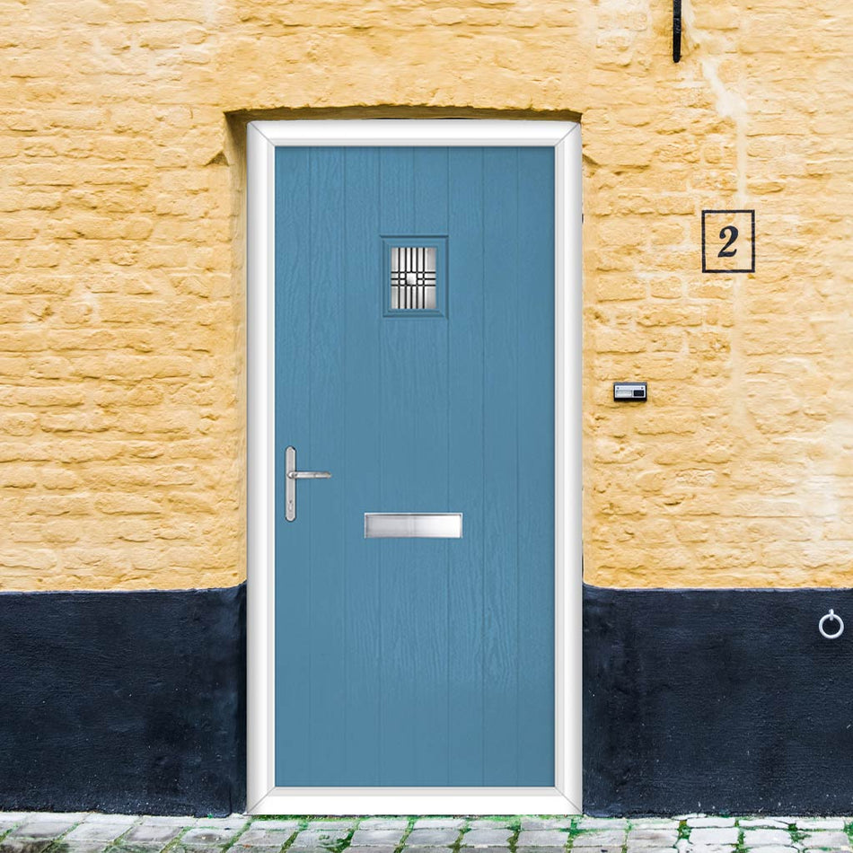 Cottage Style Aruba 1 Composite Front Door Set with Matisse Glass - Shown in Pastel Blue