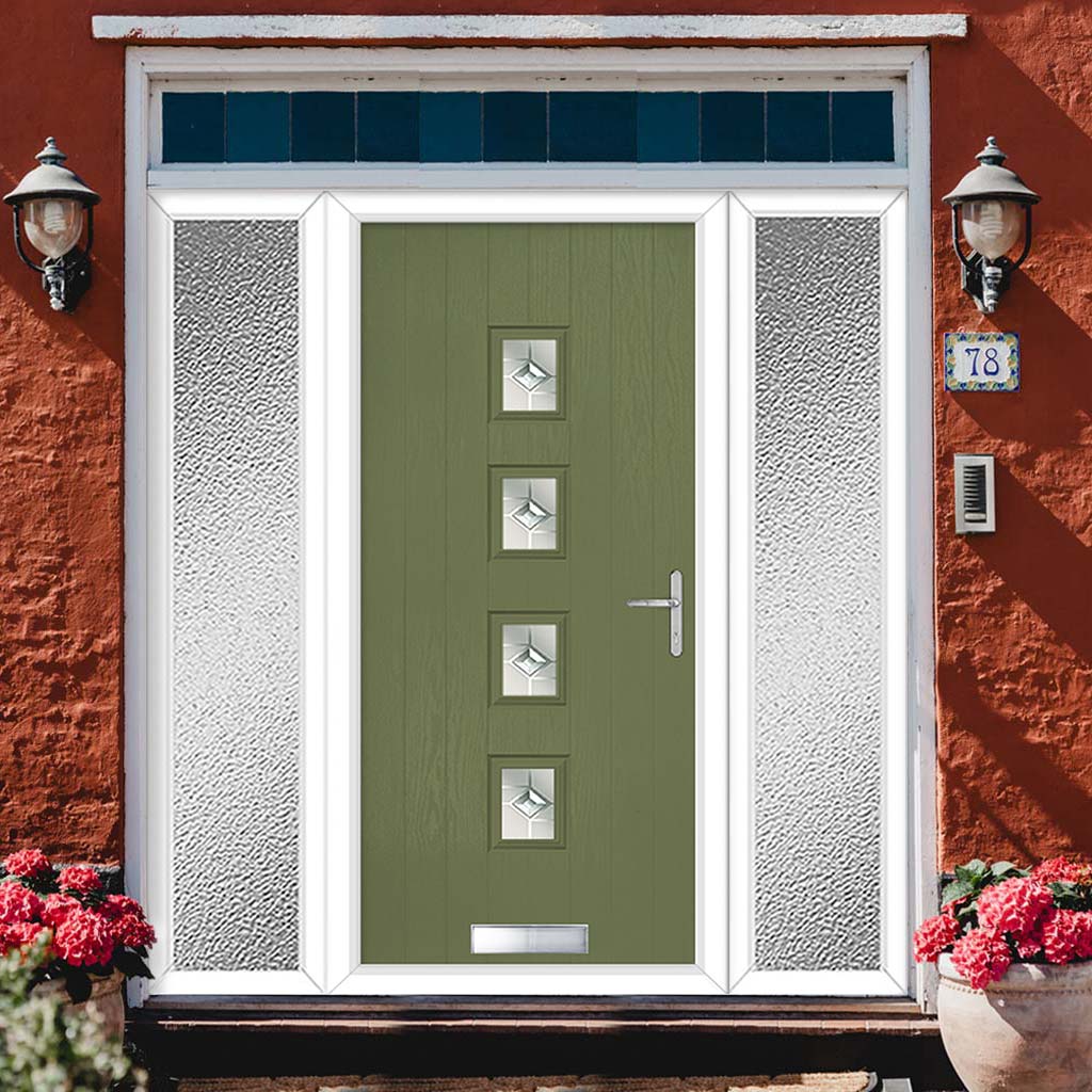 Cottage Style Aruba 4 Composite Front Door Set with Double Side Screen - Central Roma Glass - Shown in Reed Green