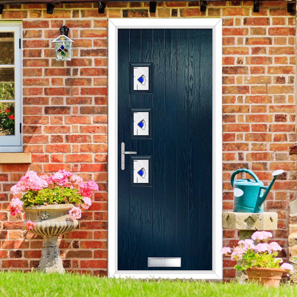 Cottage Style Aruba 3 Composite Front Door Set with Hnd Kupang Blue Glass - Shown in Blue