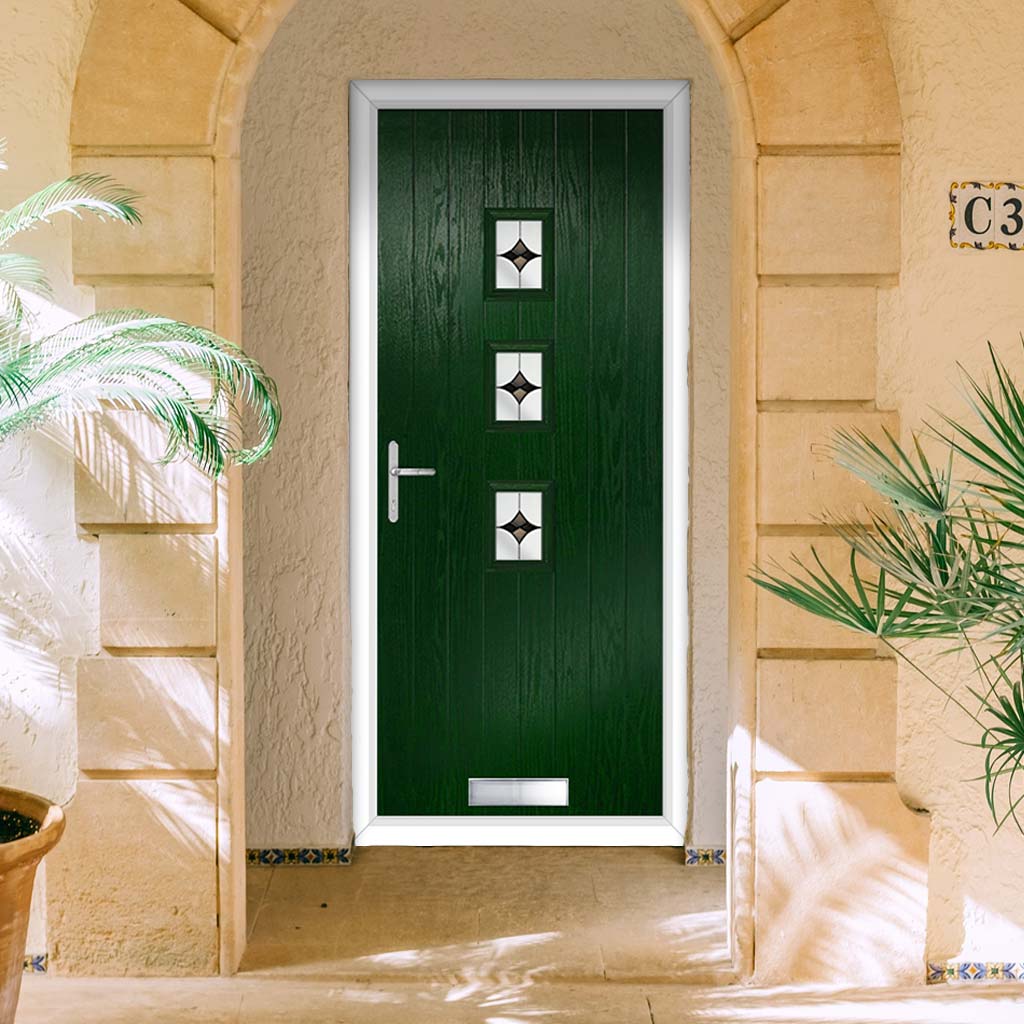 Cottage Style Aruba 3 Composite Front Door Set with Central Laptev Black Glass - Shown in Green