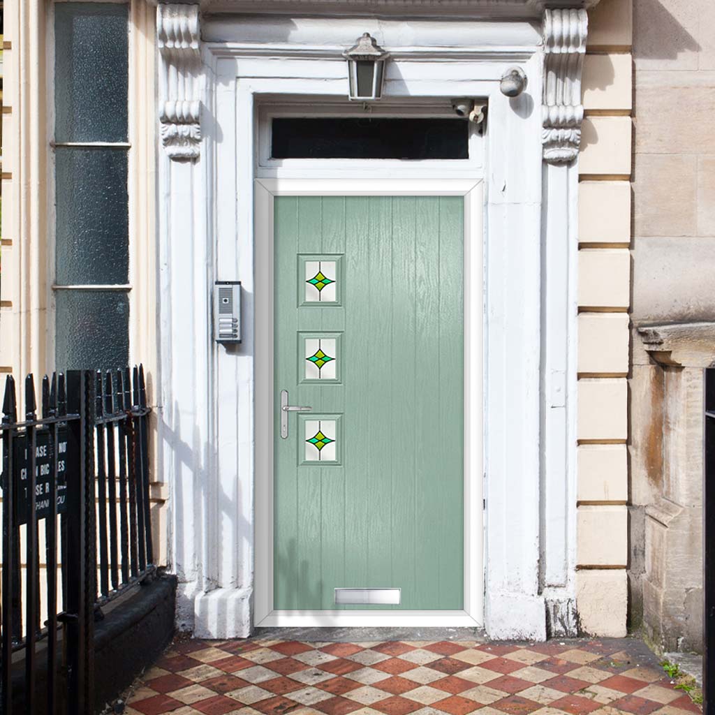 Cottage Style Aruba 3 Composite Front Door Set with Hnd Laptev Green Glass - Shown in Chartwell Green