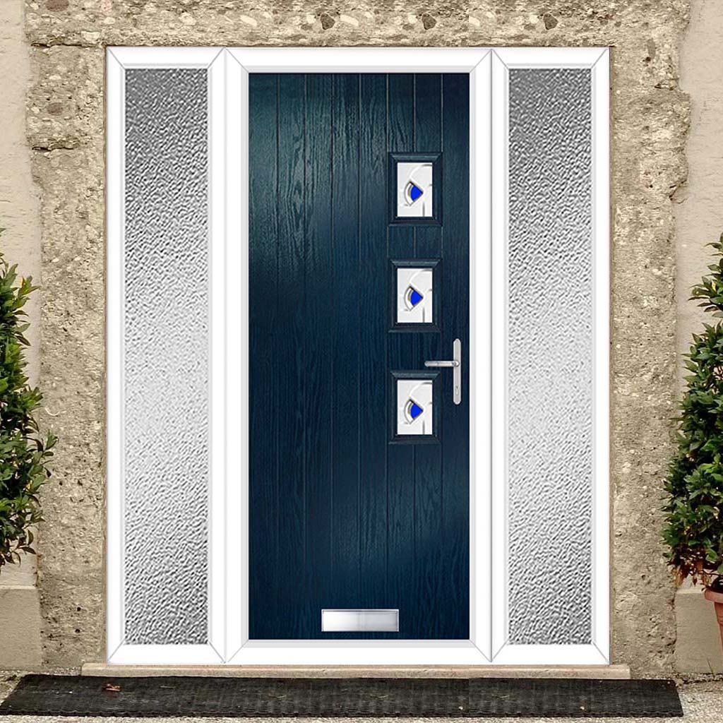Cottage Style Aruba 3 Composite Front Door Set with Double Side Screen - Hnd Kupang Blue Glass - Shown in Blue