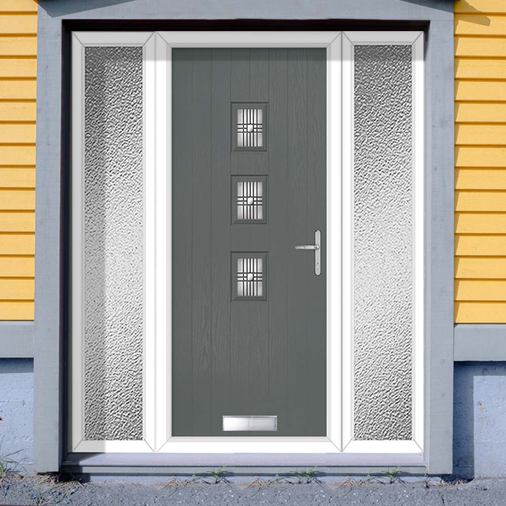 Cottage Style Aruba 3 Composite Front Door Set with Double Side Screen - Central Matisse Glass - Shown in Mouse Grey