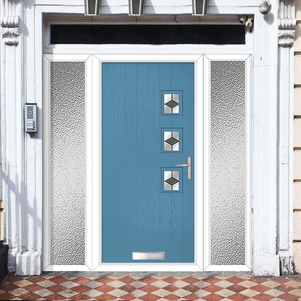 Cottage Style Aruba 3 Composite Front Door Set with Double Side Screen - Hnd Diamond Grey Glass - Shown in Pastel Blue