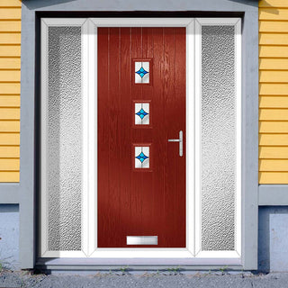 Image: Cottage Style Aruba 3 Composite Front Door Set with Double Side Screen - Central Laptev Blue Glass - Shown in Red