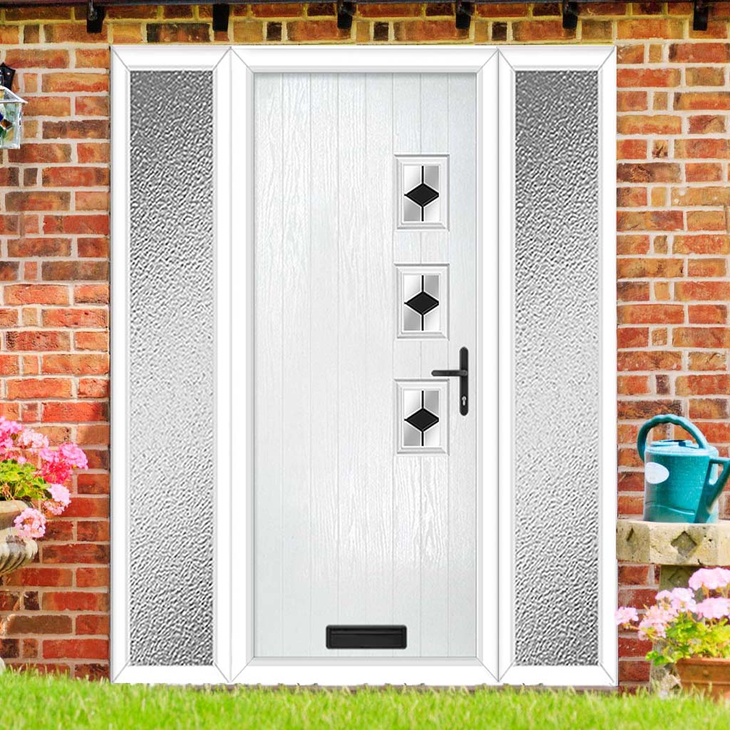 Cottage Style Aruba 3 Composite Front Door Set with Double Side Screen - Hnd Diamond Black Glass - Shown in White
