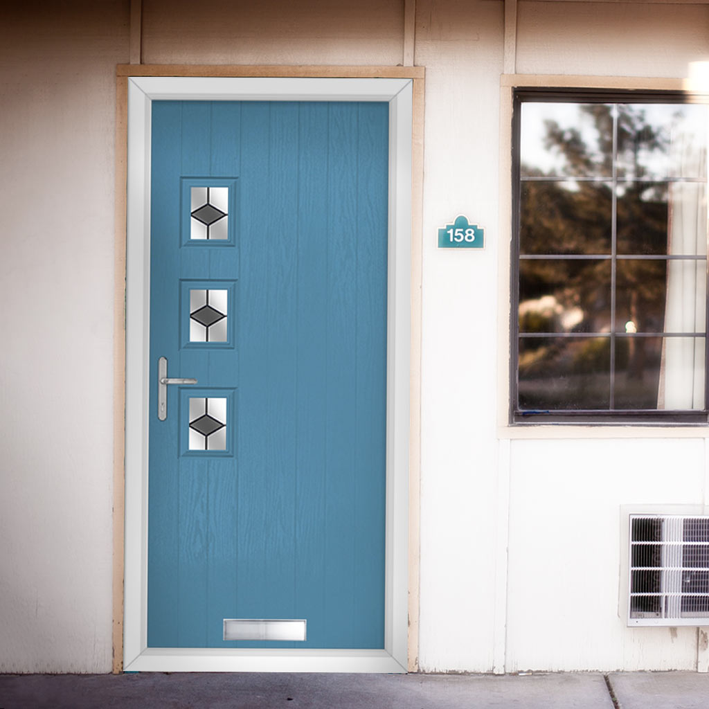 Cottage Style Aruba 3 Composite Front Door Set with Hnd Diamond Grey Glass - Shown in Pastel Blue