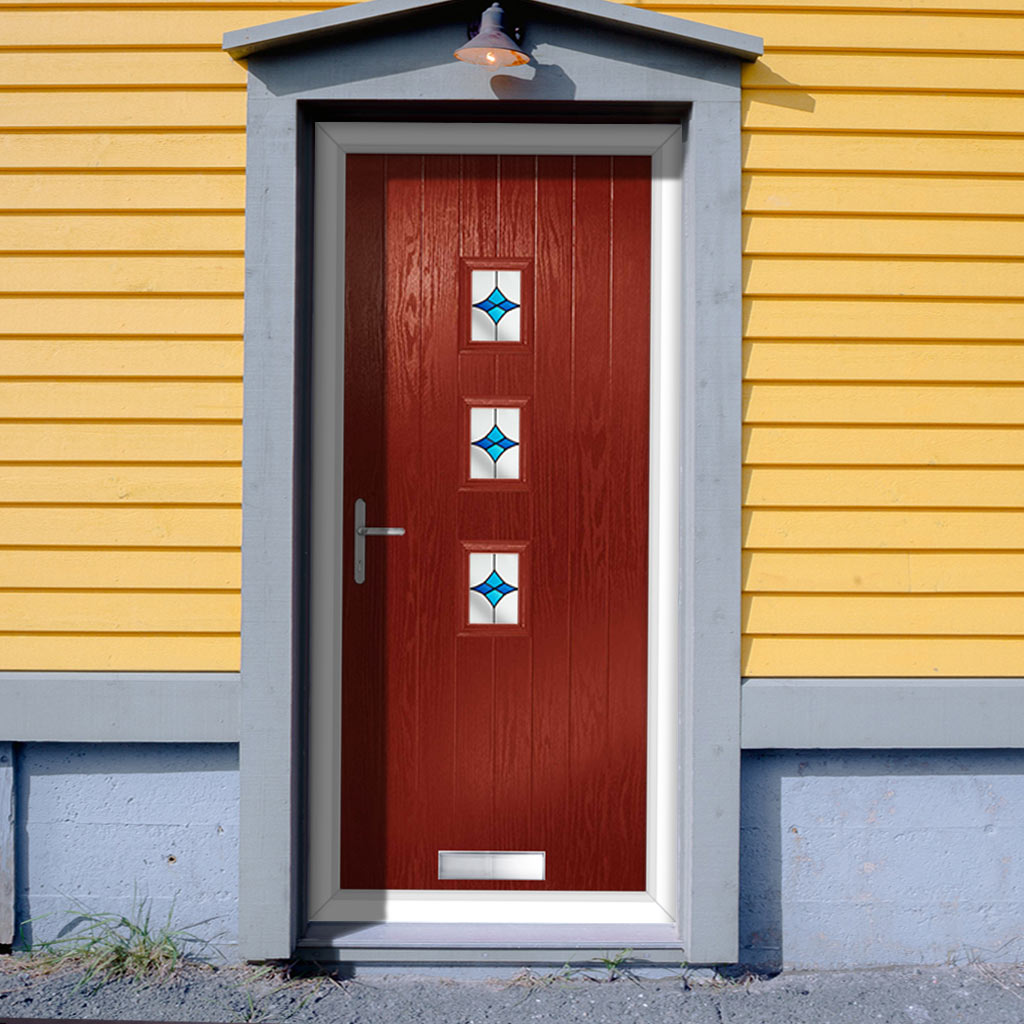 Cottage Style Aruba 3 Composite Front Door Set with Central Laptev Blue Glass - Shown in Red