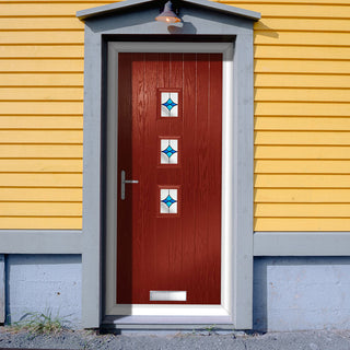 Image: Cottage Style Aruba 3 Composite Front Door Set with Central Laptev Blue Glass - Shown in Red