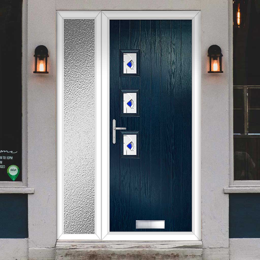 Cottage Style Aruba 3 Composite Front Door Set with Single Side Screen - Hnd Kupang Blue Glass - Shown in Blue