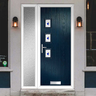 Image: Cottage Style Aruba 3 Composite Front Door Set with Single Side Screen - Hnd Kupang Blue Glass - Shown in Blue