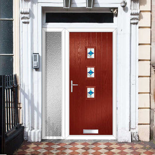 Image: Cottage Style Aruba 3 Composite Front Door Set with Single Side Screen - Central Laptev Blue Glass - Shown in Red