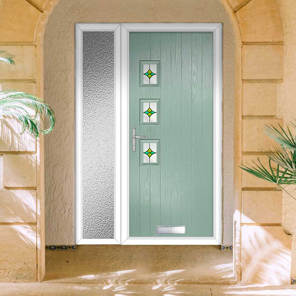 Cottage Style Aruba 3 Composite Front Door Set with Single Side Screen - Hnd Laptev Green Glass - Shown in Chartwell Green