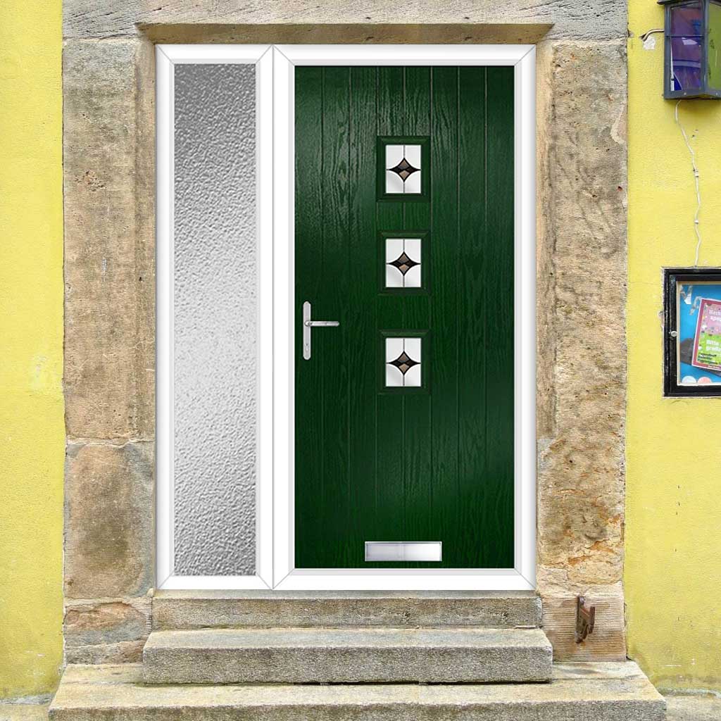 Cottage Style Aruba 3 Composite Front Door Set with Single Side Screen - Central Laptev Black Glass - Shown in Green