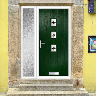 Image: Cottage Style Aruba 3 Composite Front Door Set with Single Side Screen - Central Laptev Black Glass - Shown in Green