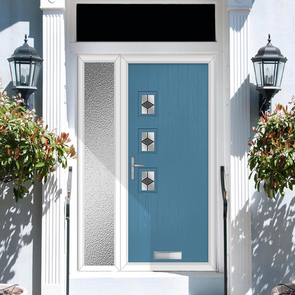 Cottage Style Aruba 3 Composite Front Door Set with Single Side Screen - Hnd Diamond Grey Glass - Shown in Pastel Blue