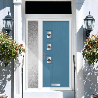 Image: Cottage Style Aruba 3 Composite Front Door Set with Single Side Screen - Hnd Diamond Grey Glass - Shown in Pastel Blue