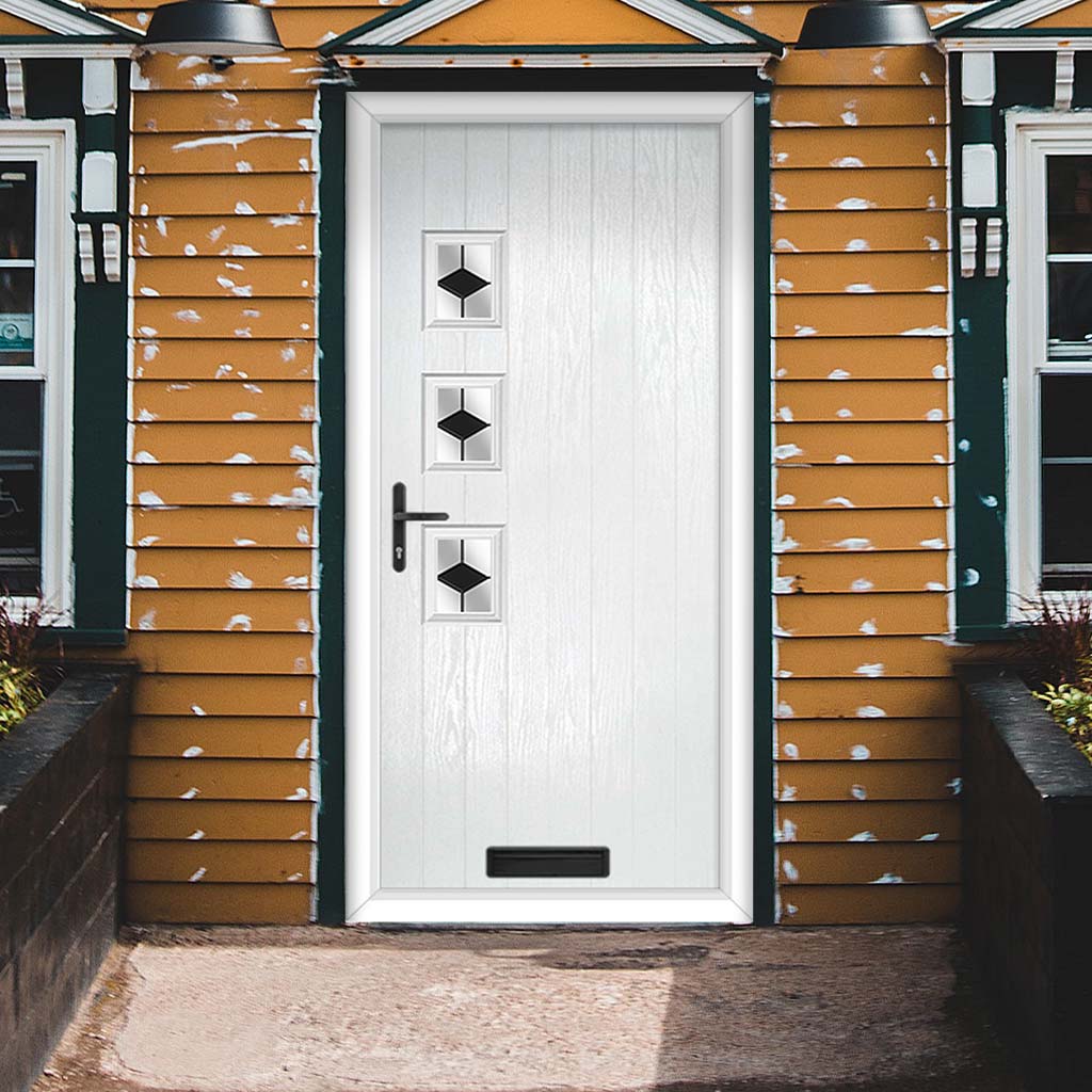 Cottage Style Aruba 3 Composite Front Door Set with Hnd Diamond Black Glass - Shown in White
