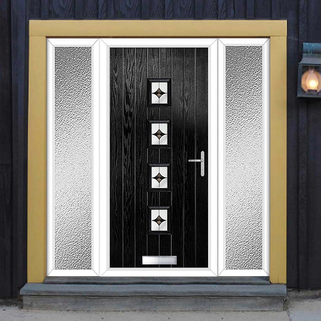 Cottage Style Aruba 4 Composite Front Door Set with Double Side Screen - Central Laptev Black Glass - Shown in Black