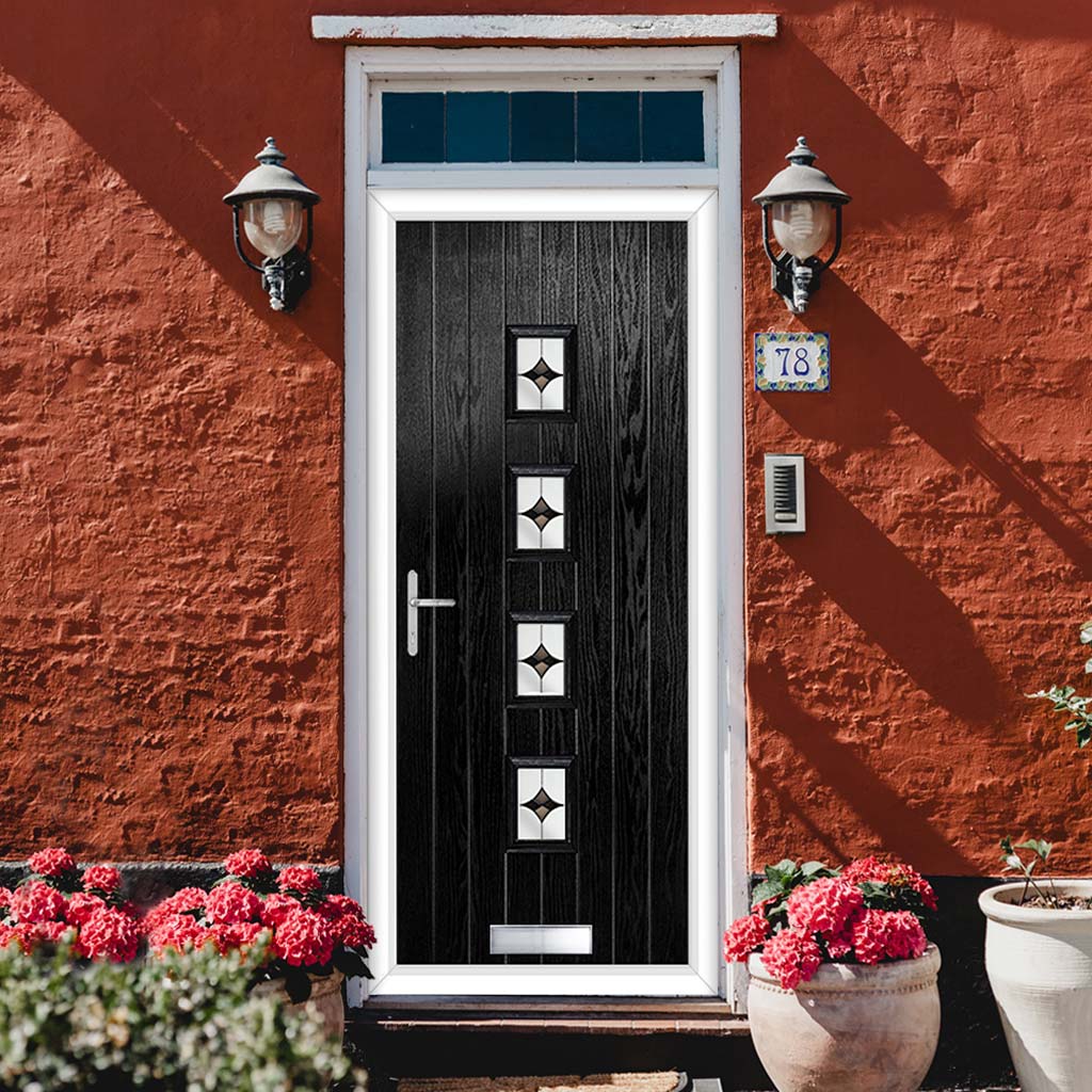 Cottage Style Aruba 4 Composite Front Door Set with Central Laptev Black Glass - Shown in Black