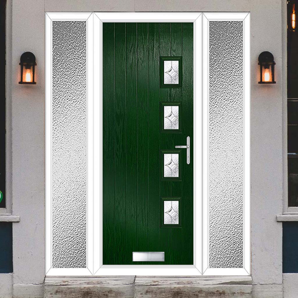 Cottage Style Aruba 4 Composite Front Door Set with Double Side Screen - Hnd Flair Glass - Shown in Green