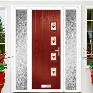 Image: Cottage Style Aruba 4 Composite Front Door Set with Double Side Screen - Hnd Murano Red Glass - Shown in Red