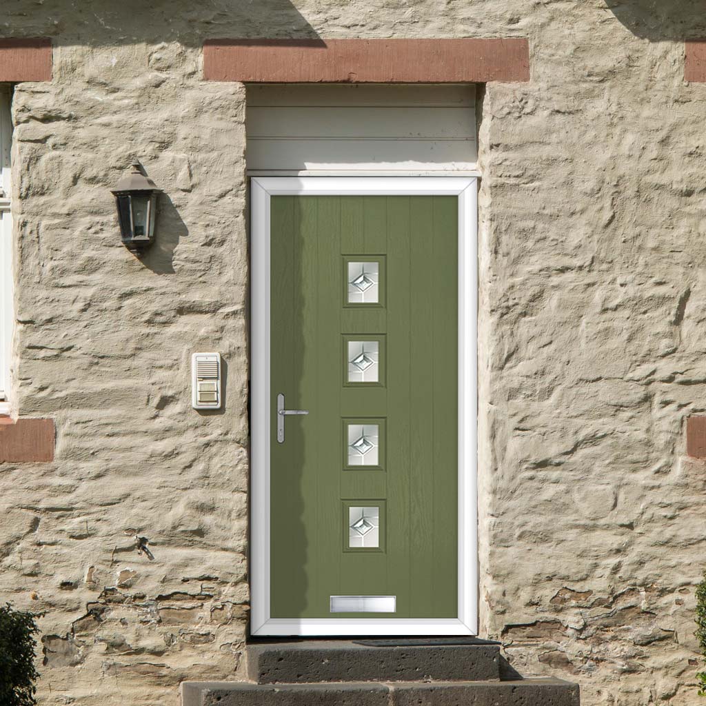 Cottage Style Aruba 4 Composite Front Door Set with Central Roma Glass - Shown in Reed Green