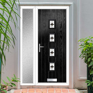Image: Cottage Style Aruba 4 Composite Front Door Set with Single Side Screen - Central Laptev Black Glass - Shown in Black