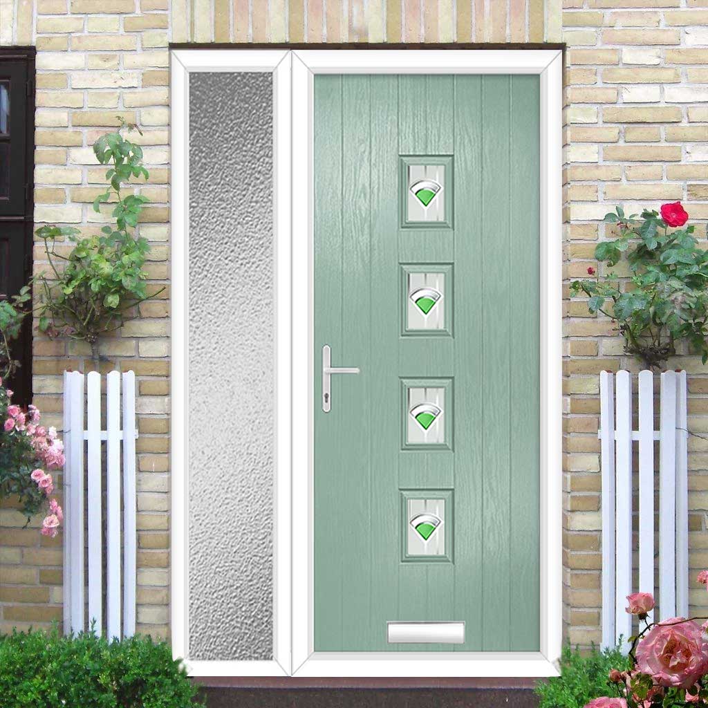 Cottage Style Aruba 4 Composite Front Door Set with Single Side Screen - Central Murano Green Glass - Shown in Chartwell Green