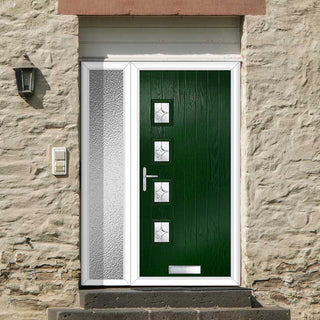 Image: Cottage Style Aruba 4 Composite Front Door Set with Single Side Screen - Hnd Flair Glass - Shown in Green