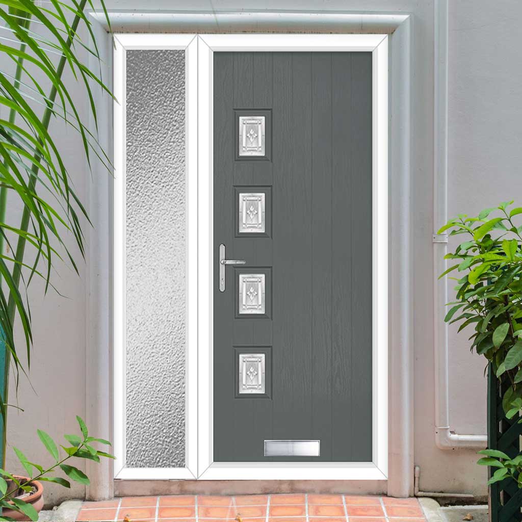Cottage Style Aruba 4 Composite Front Door Set with Single Side Screen - Hnd Elderton Glass - Shown in Mouse Grey